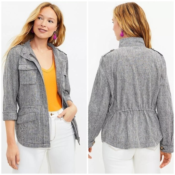 NWT Loft Striped Twill Utility Jacket Linen Cotton Gray White Full Zip Sz S - Picture 1 of 14